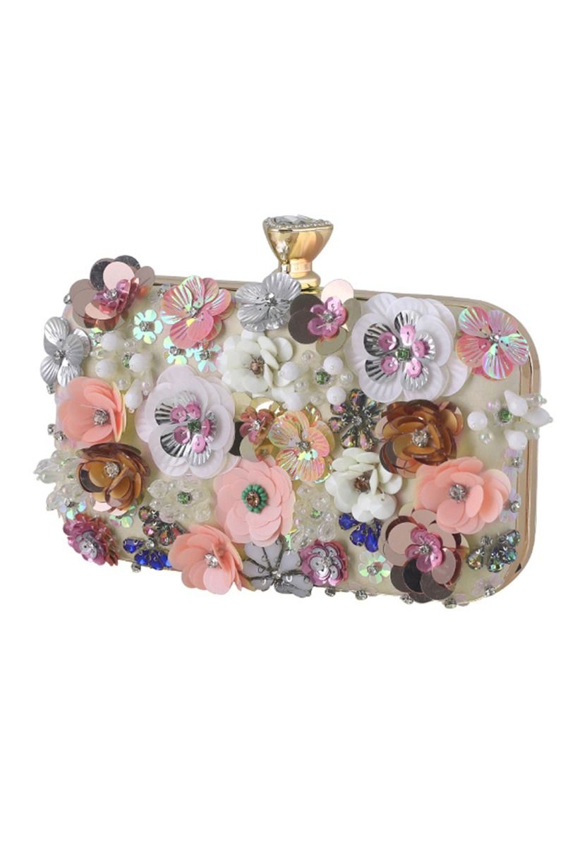 Handmade Beaded Floral Sequin Clutch in Apricot