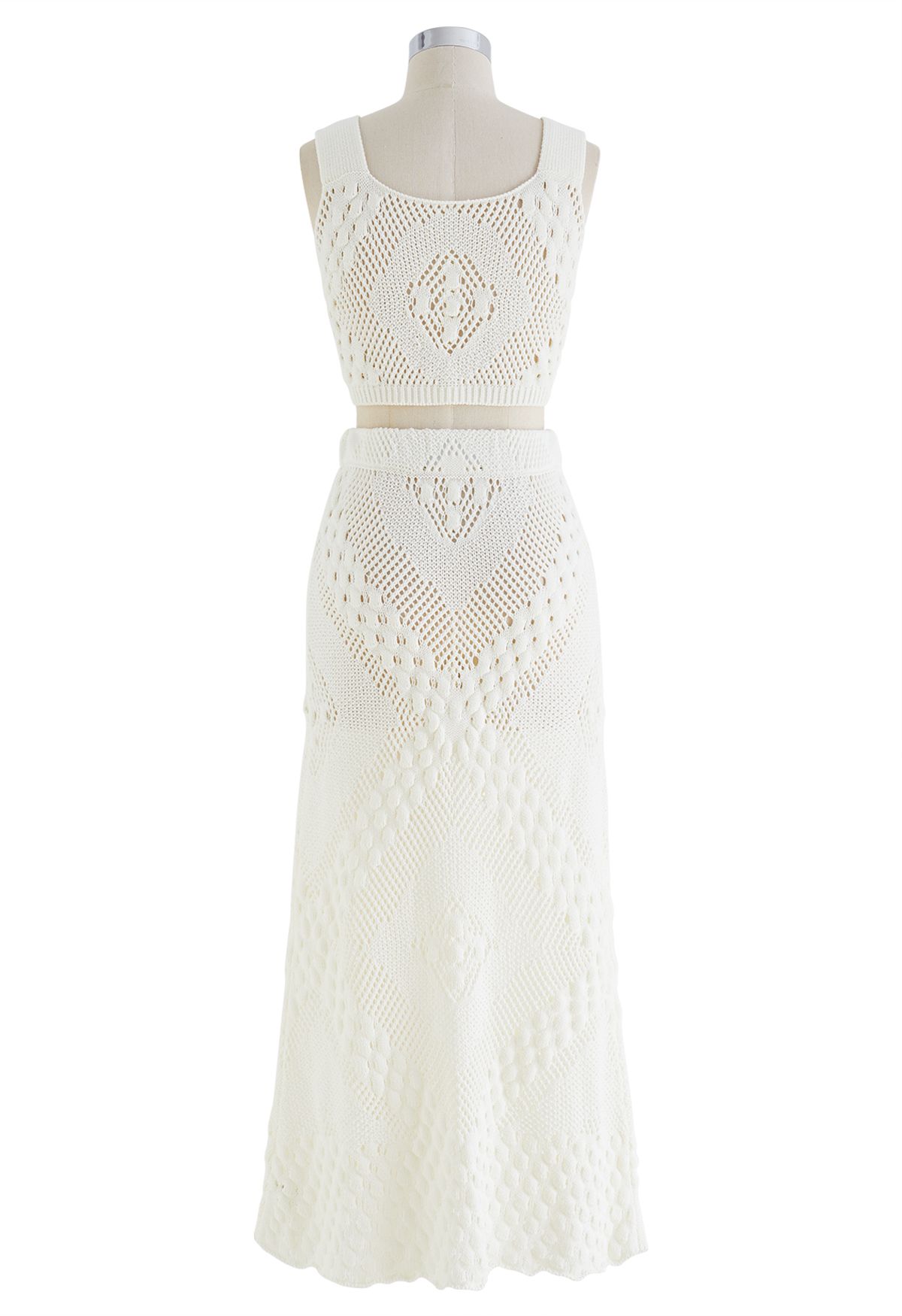 Embossed Pointelle Knit Tank Top and Skirt Set in Ivory