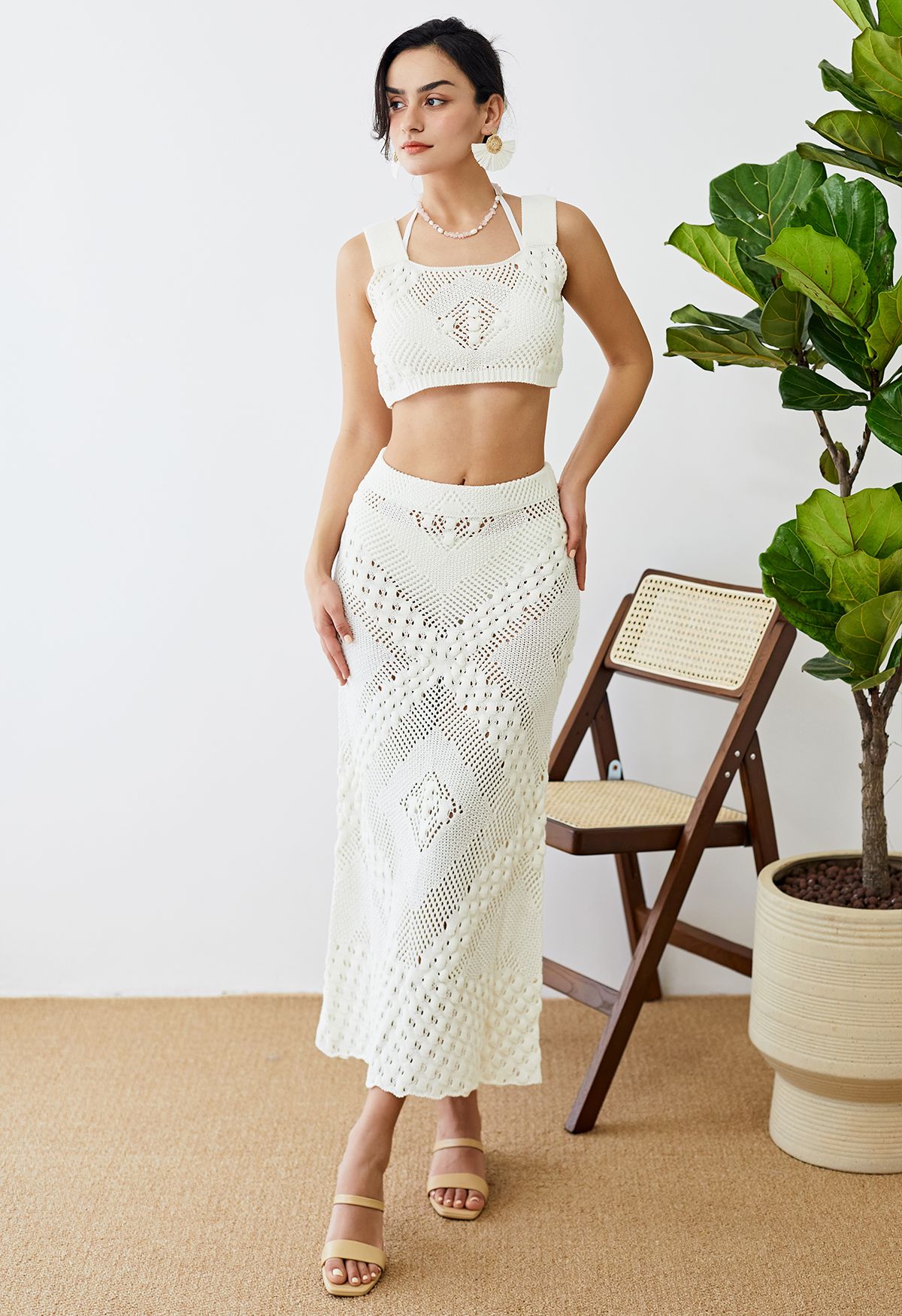 Embossed Pointelle Knit Tank Top and Skirt Set in Ivory