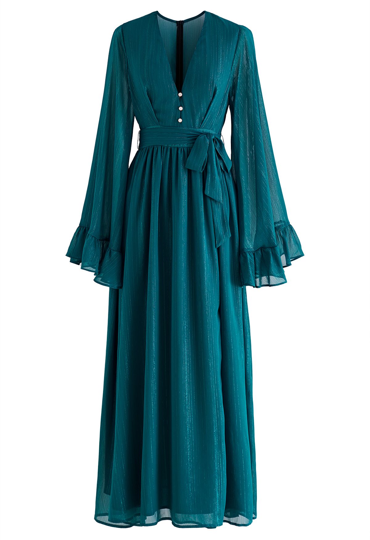 Metallic Shimmer Chiffon Ruffle Sleeve Maxi Dress in Emerald