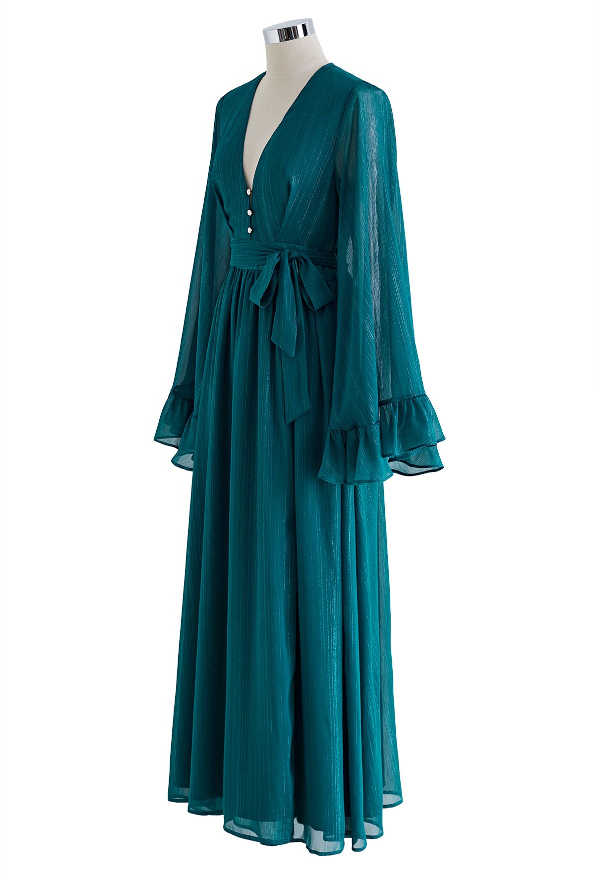 Metallic Shimmer Chiffon Ruffle Sleeve Maxi Dress in Emerald