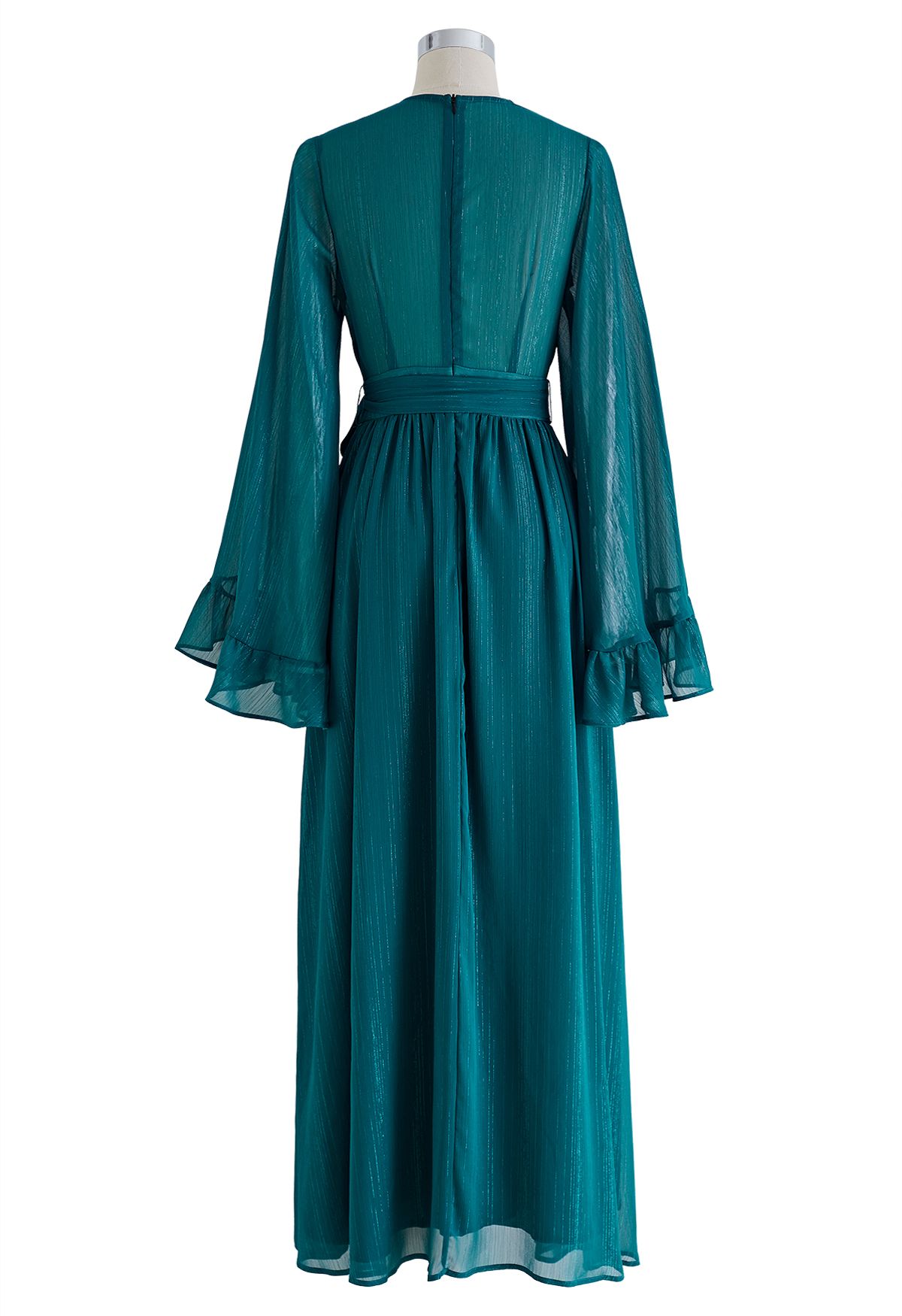 Metallic Shimmer Chiffon Ruffle Sleeve Maxi Dress in Emerald