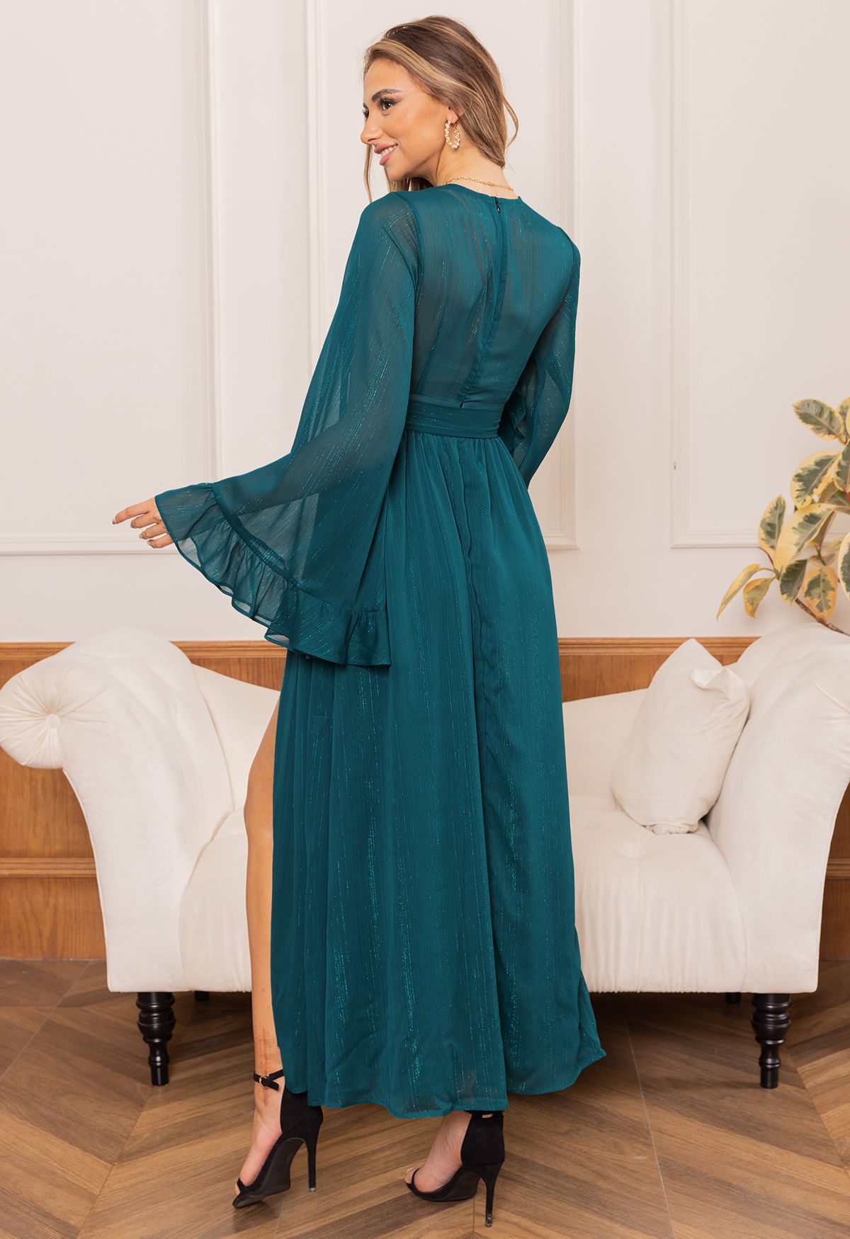 Metallic Shimmer Chiffon Ruffle Sleeve Maxi Dress in Emerald