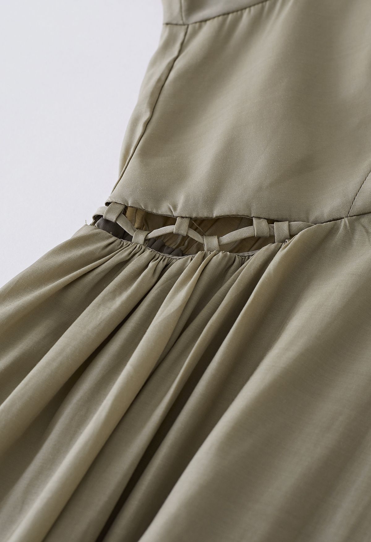 Side Waist Detail V-Neck Midi Dress in Khaki