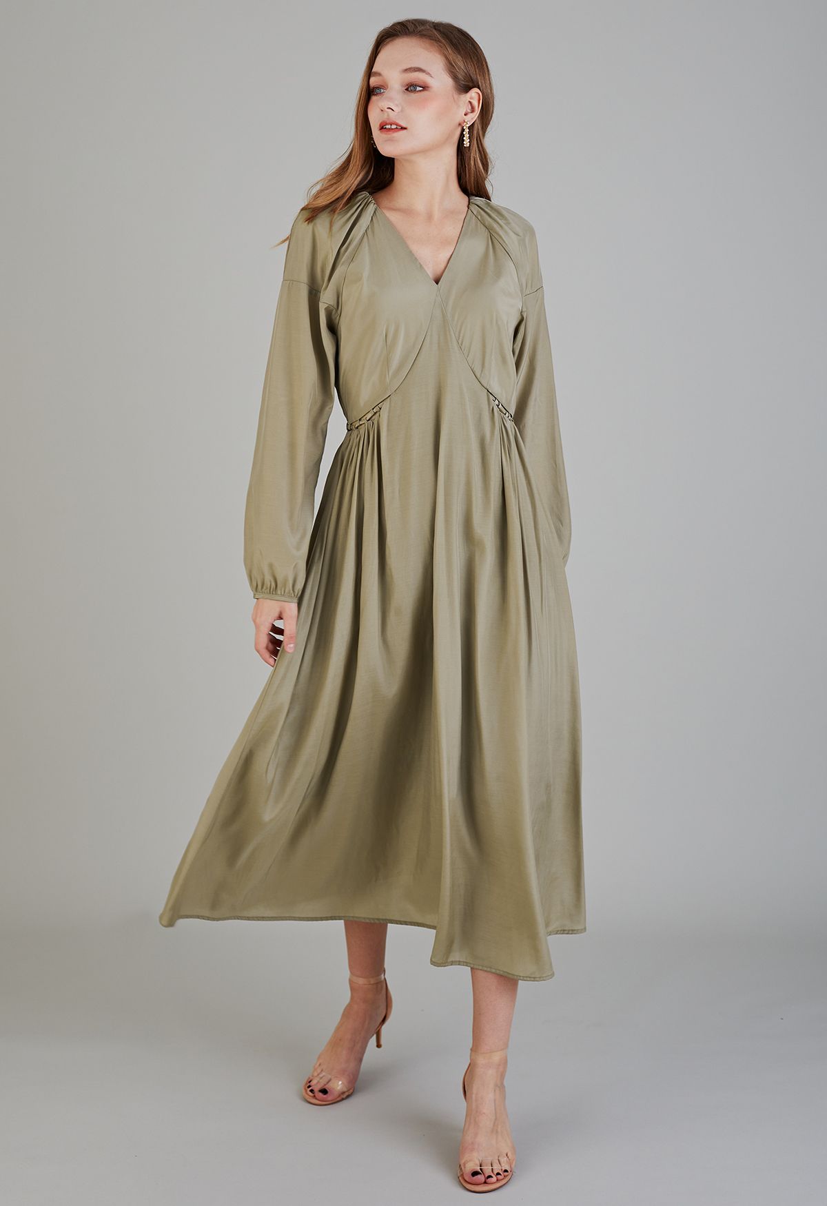 Side Waist Detail V-Neck Midi Dress in Khaki