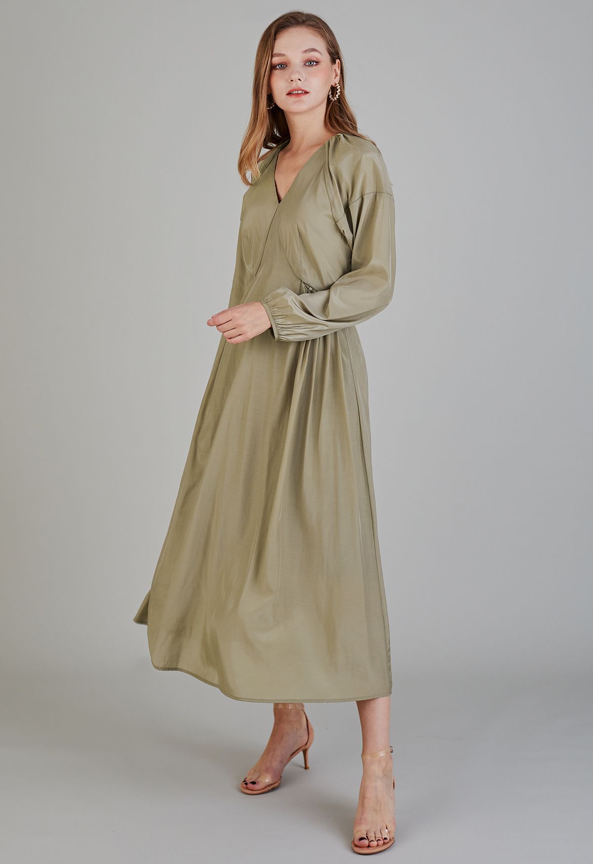 Side Waist Detail V-Neck Midi Dress in Khaki