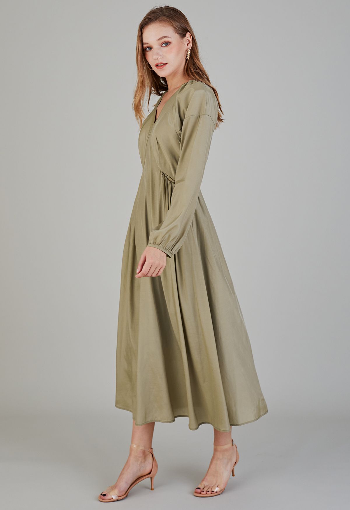 Side Waist Detail V-Neck Midi Dress in Khaki