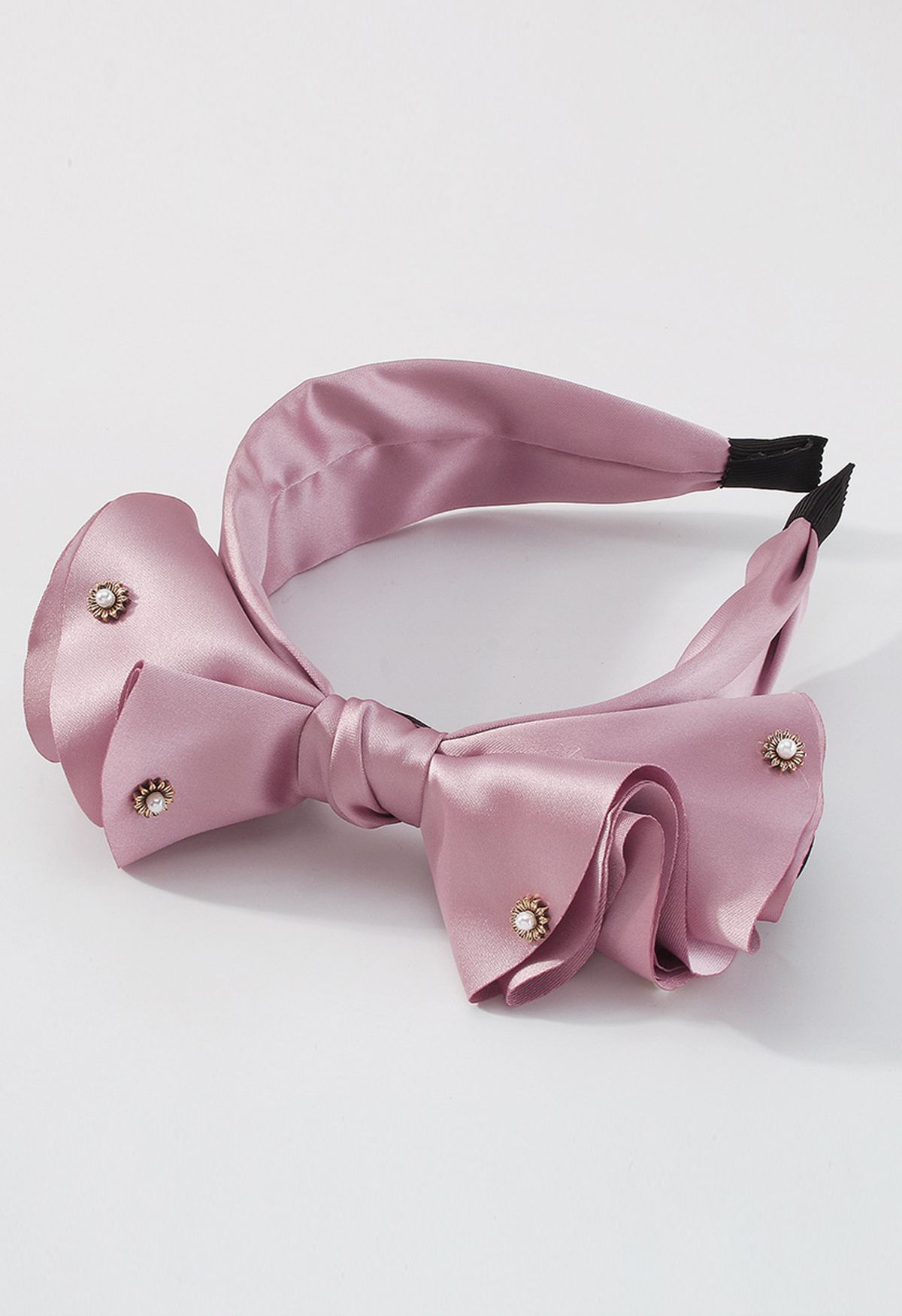 Fancy Bowknot Pearl Satin Headband in Lilac