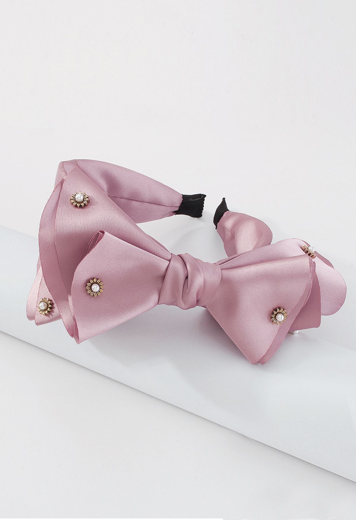 Fancy Bowknot Pearl Satin Headband in Lilac