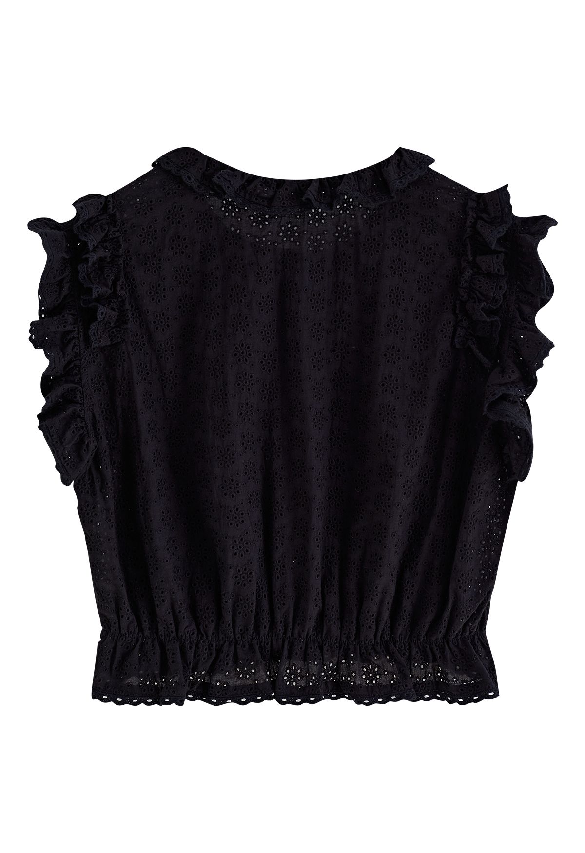 Embroidered Eyelet Ruffle Peplum Top in Black