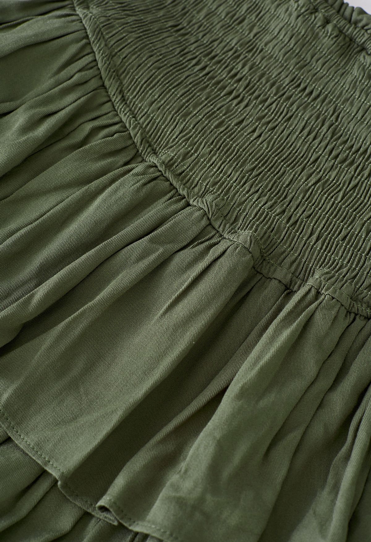 Tiered Ruffle Shirred Waist Mini Skirt in Olive