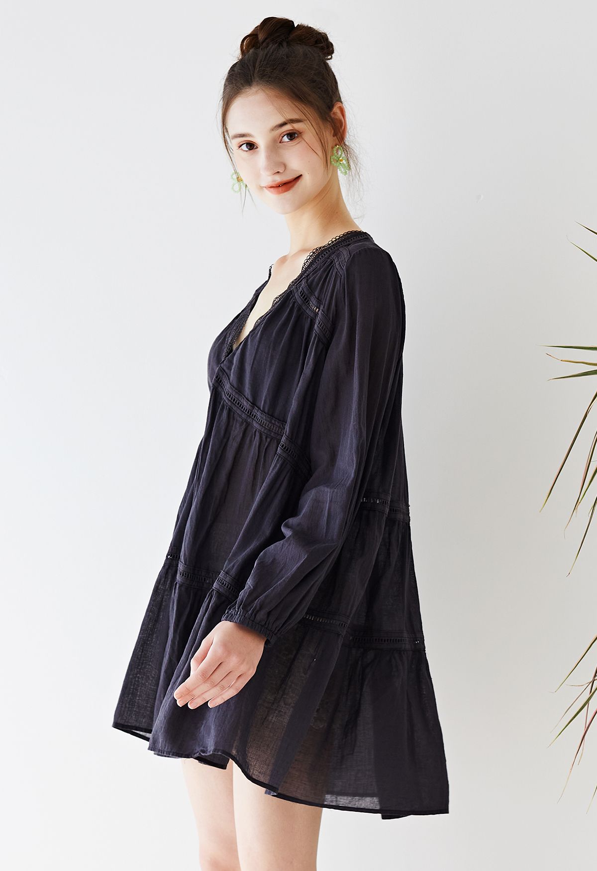 Lithe Plunging Cotton Tunic in Black