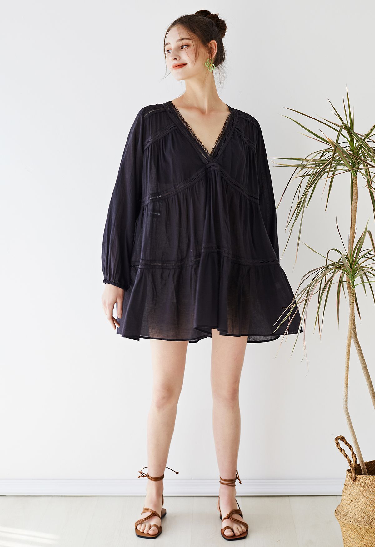 Lithe Plunging Cotton Tunic in Black