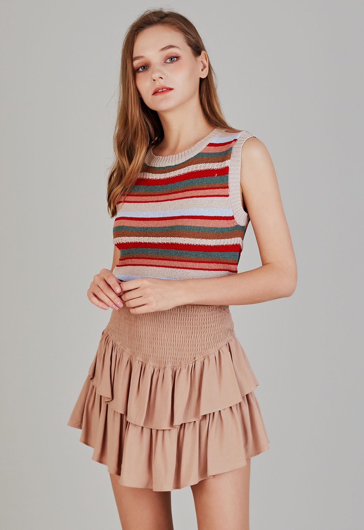 Tiered Ruffle Shirred Waist Mini Skirt in Tan