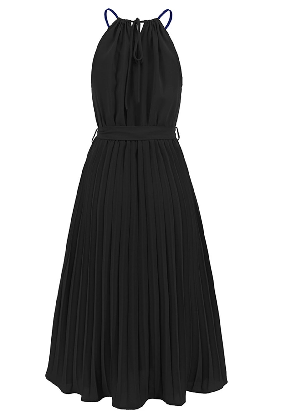 Halter Neck Tie Waist Pleated Dress in Black