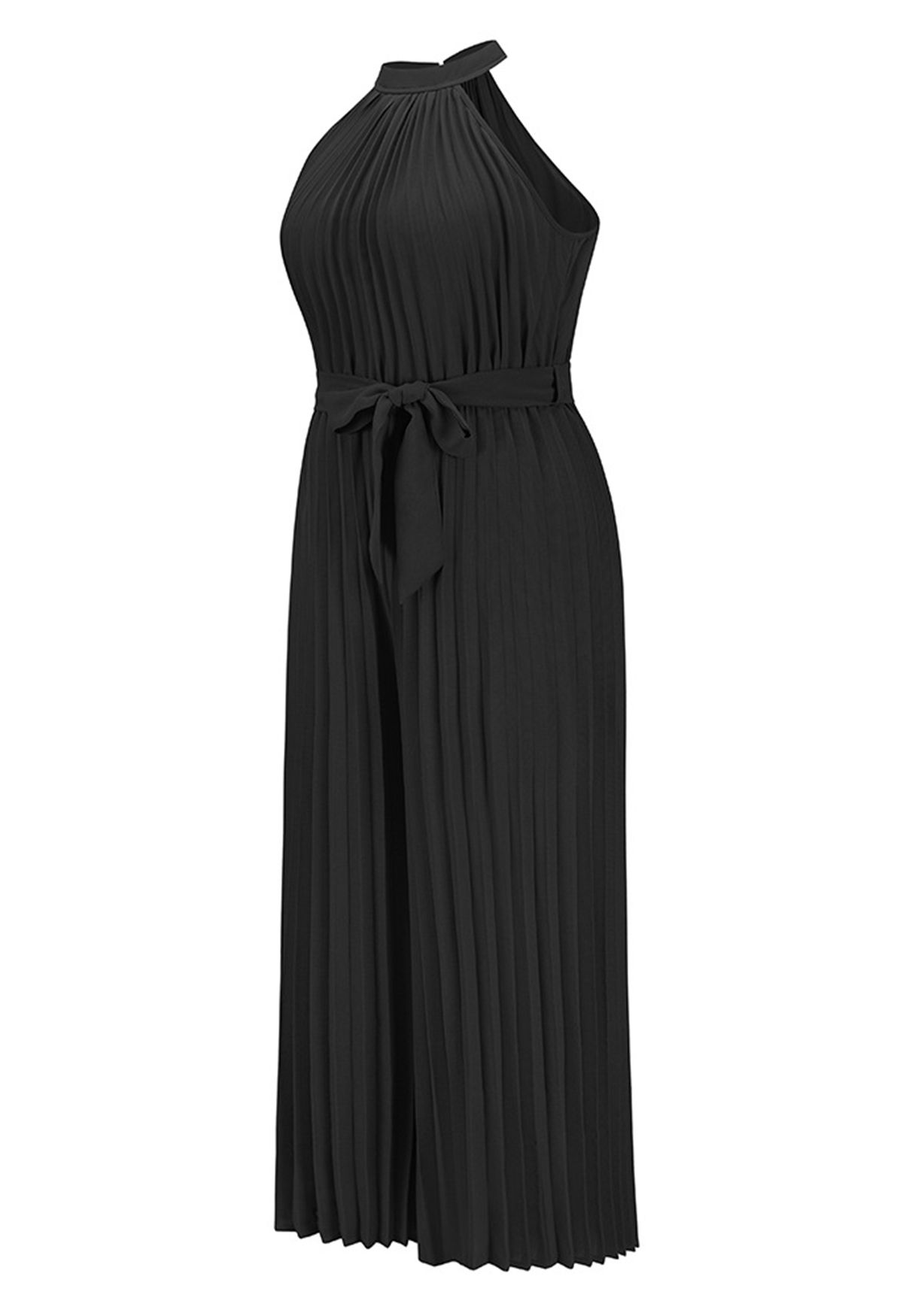 Halter Neck Self-Tie Pleated Jumpsuit in Black