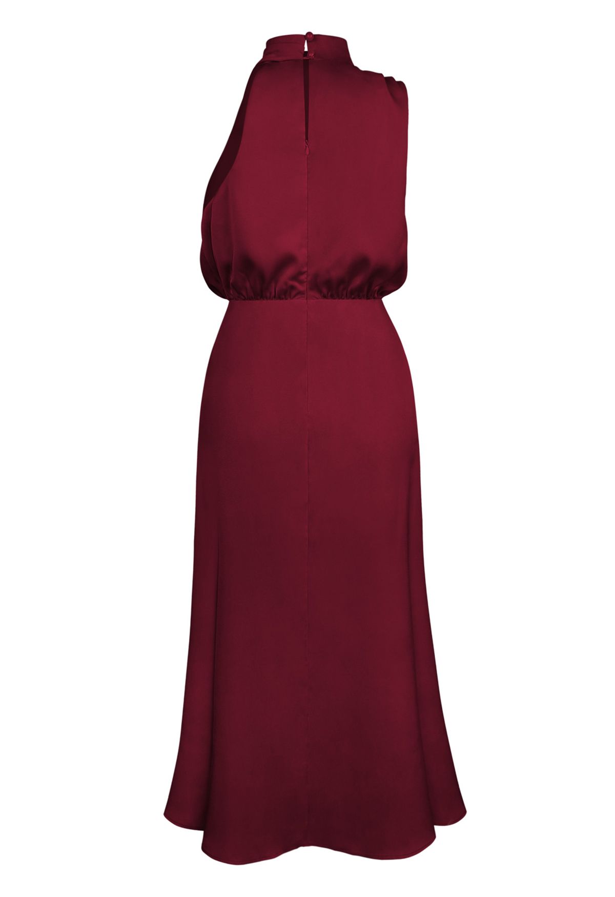 Asymmetric Ruched Neckline Sleeveless Dress in Burgundy