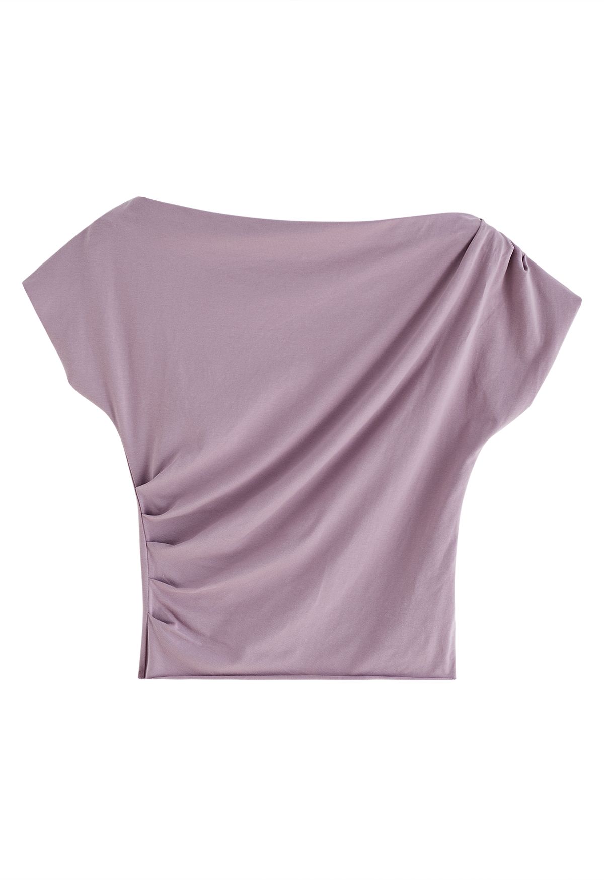 Asymmetric Boat Neck Ruched Top in Lilac