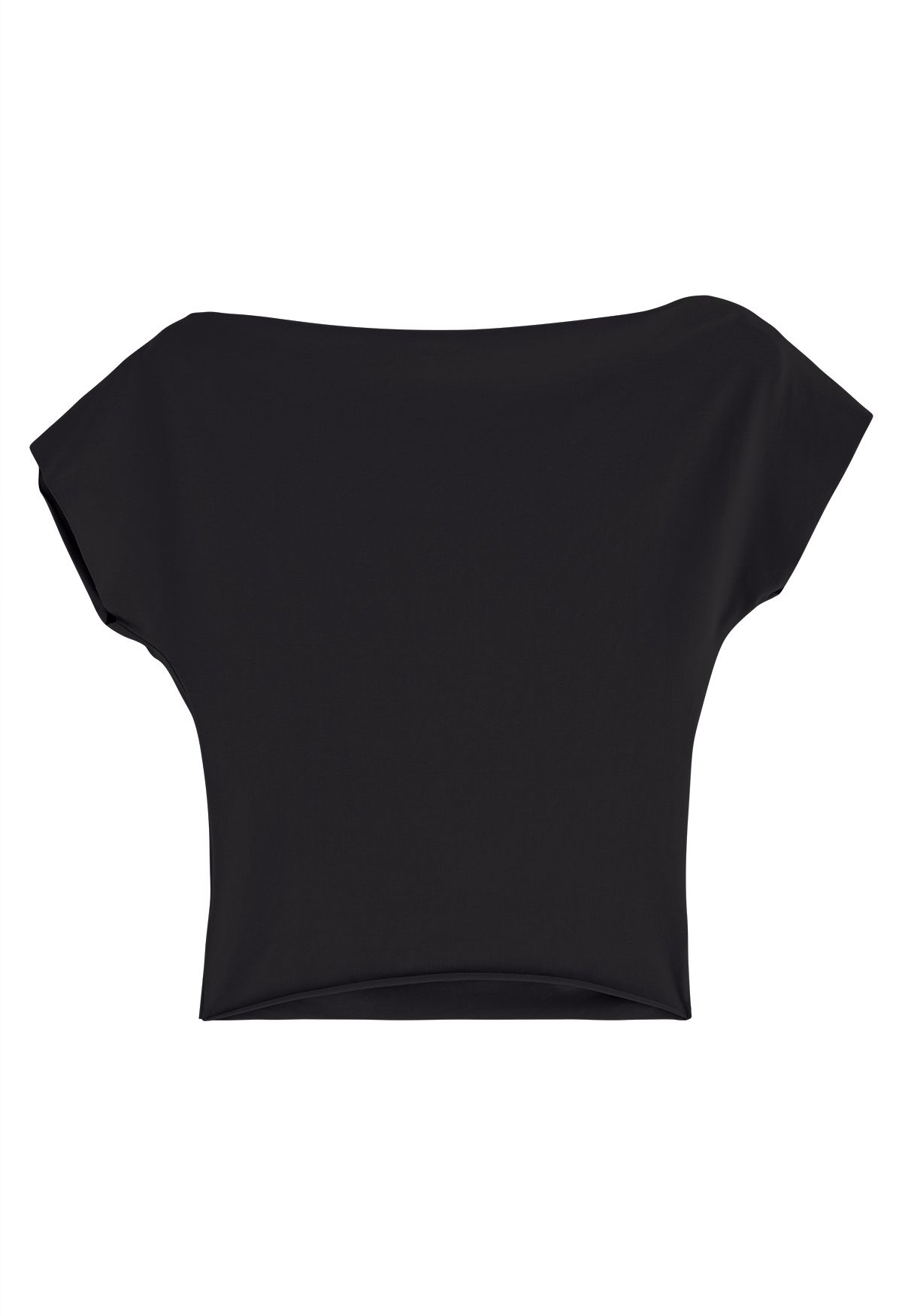 Asymmetric Boat Neck Ruched Top in Black
