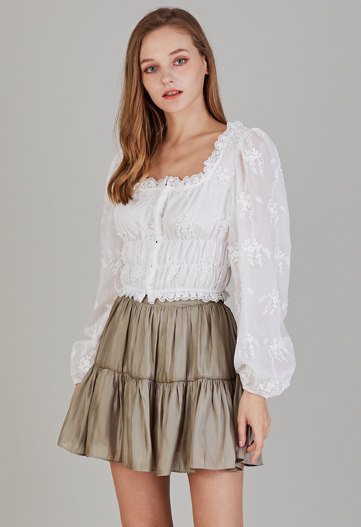 Floret Embroidery Lacy Square Neck Crop Top