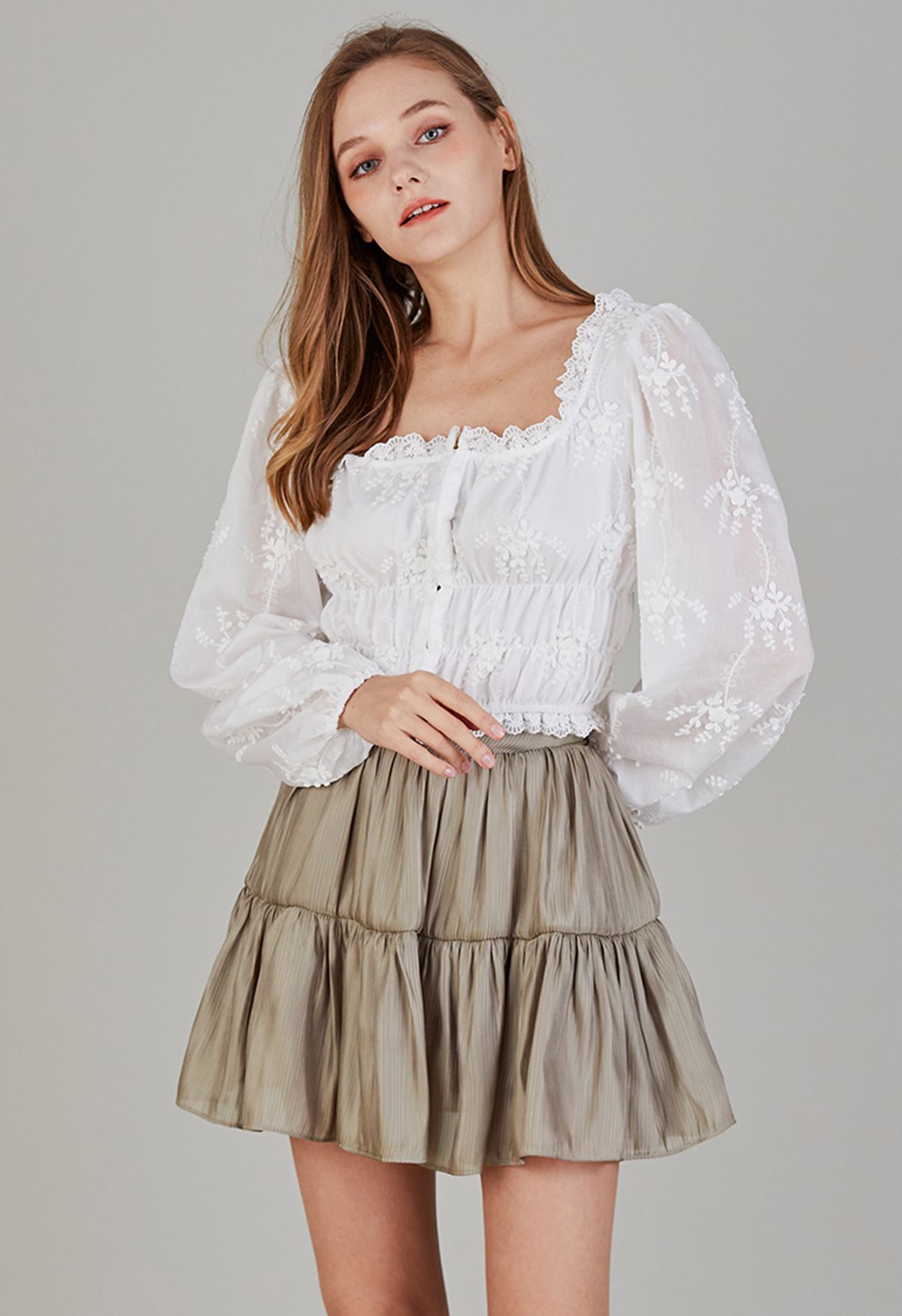Floret Embroidery Lacy Square Neck Crop Top