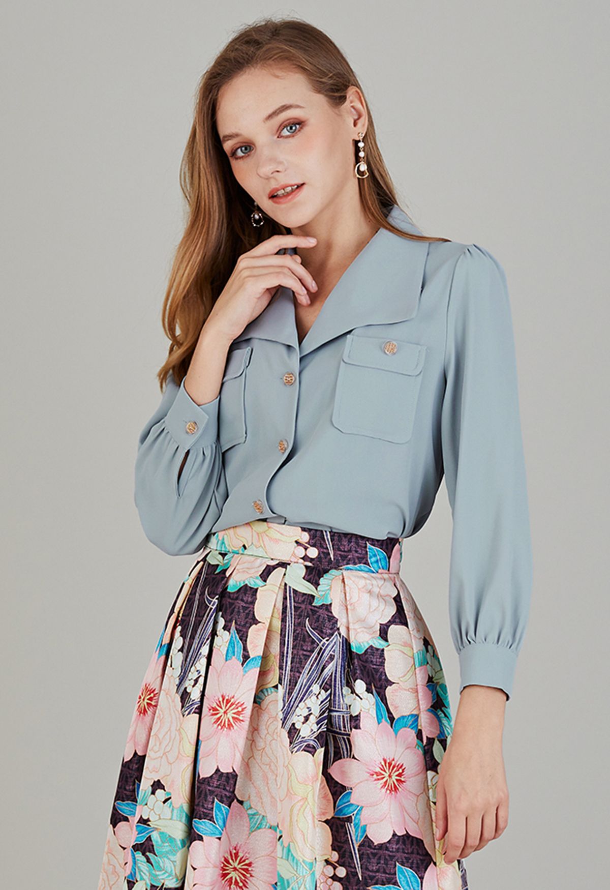 Pointed Collar Golden Button Shirt in Dusty Blue