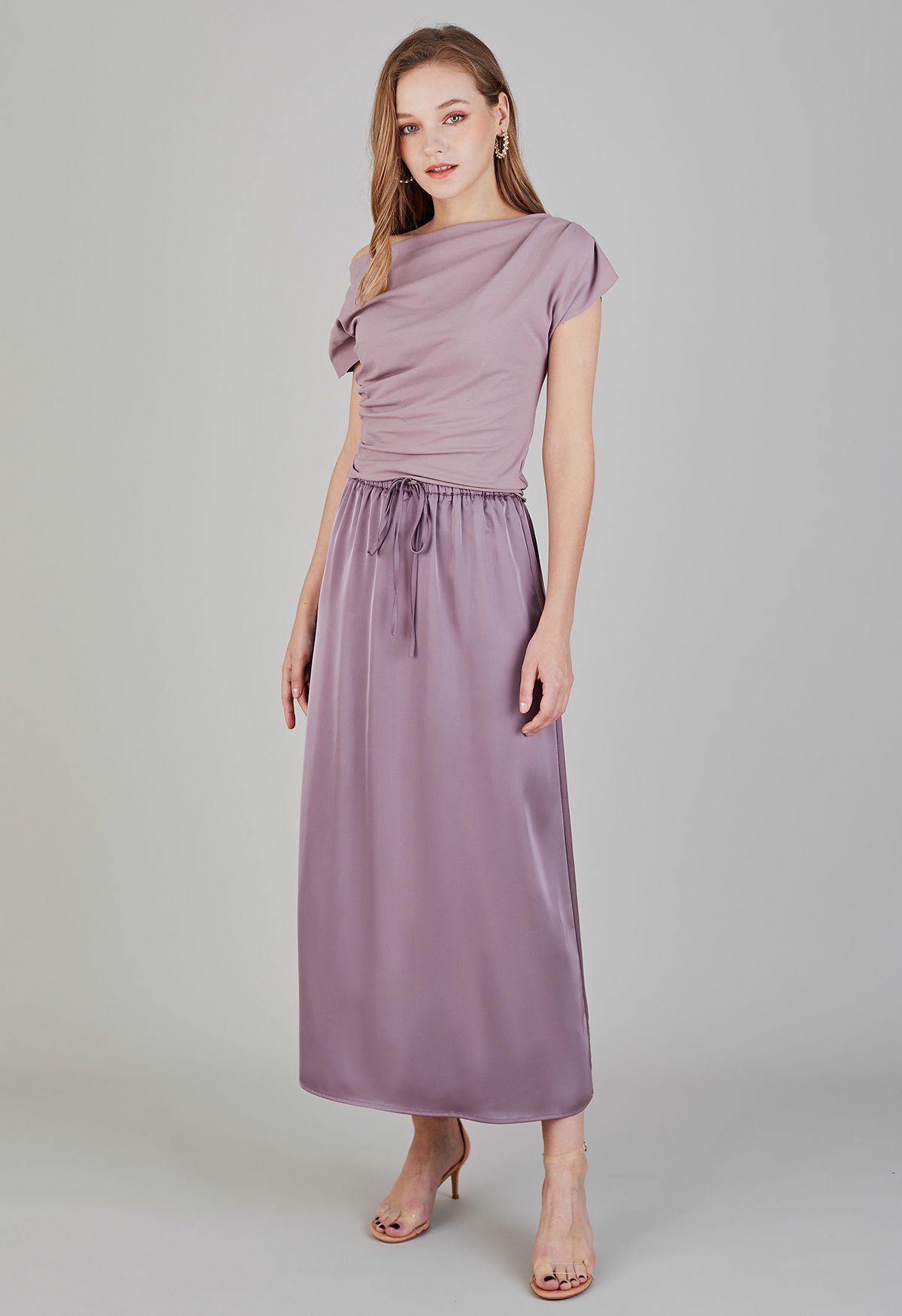 Asymmetric Boat Neck Ruched Top in Lilac