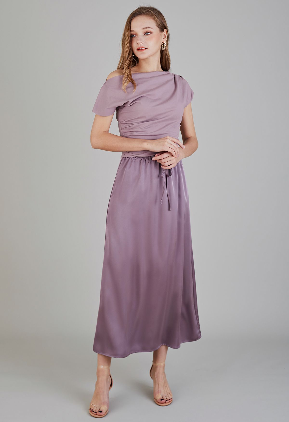 Asymmetric Boat Neck Ruched Top in Lilac