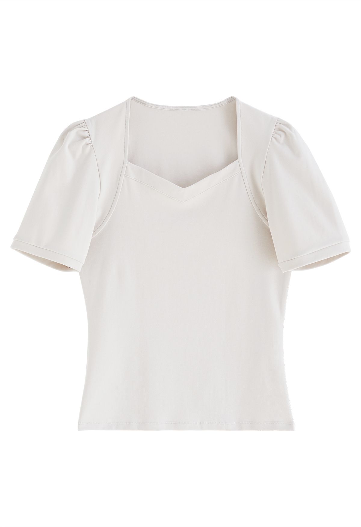 Square Neckline Puff Shoulder T-Shirt in Oatmeal