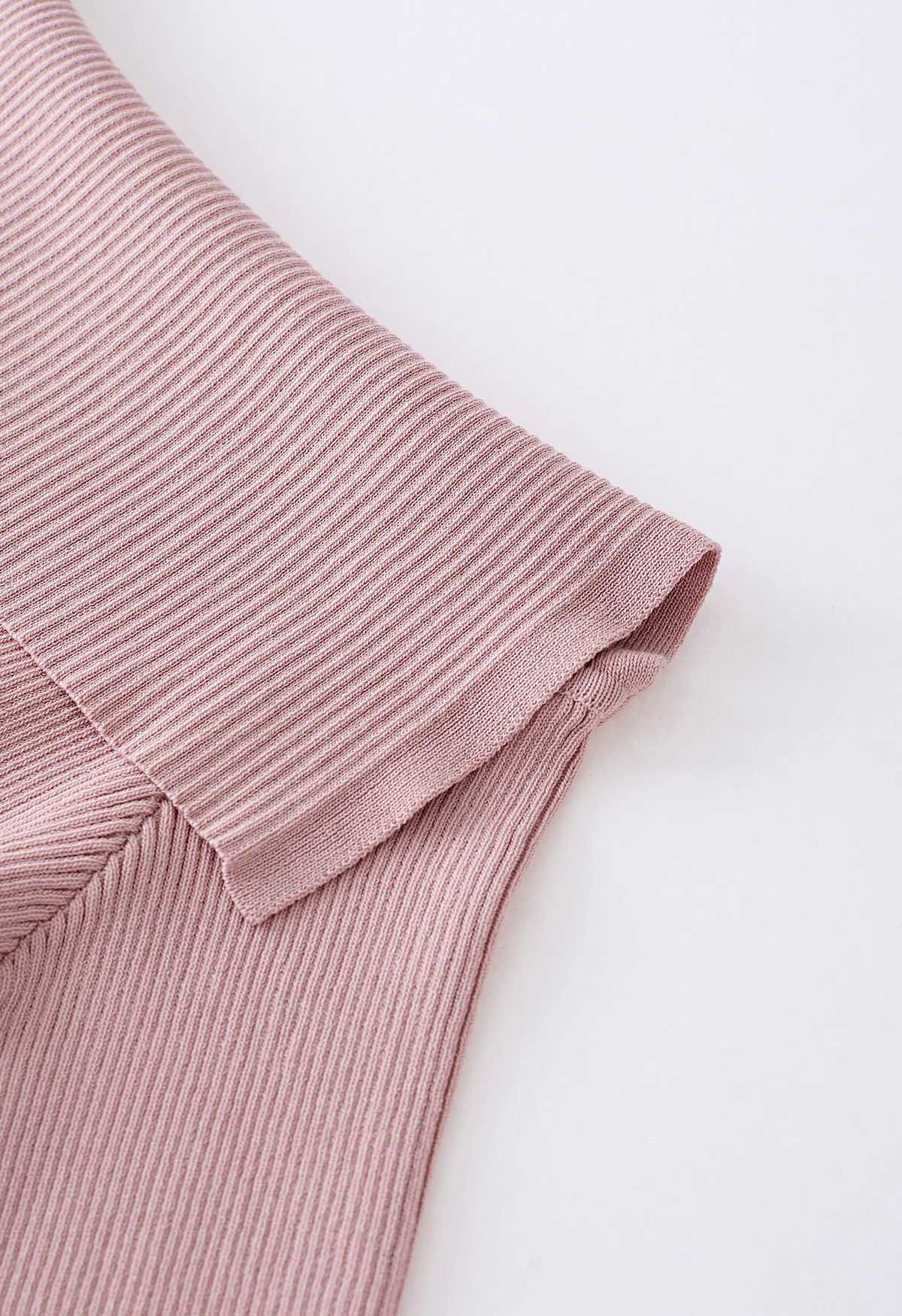 Folded Off-Shoulder Short-Sleeve Knit Top in Pink