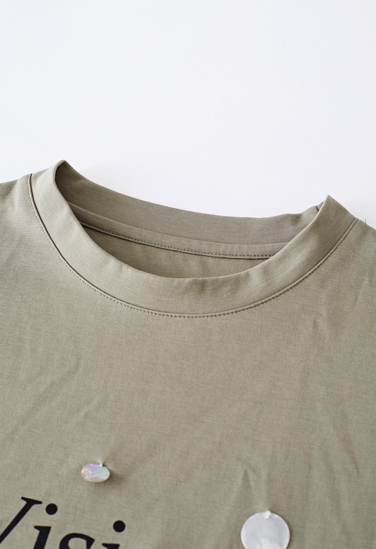 Vision Print Sequin Crew Neck T-Shirt in Sage