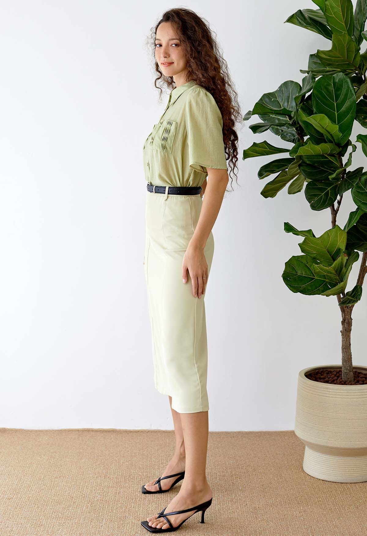 Irregular Hem Seam Detailing Midi Skirt in Lime