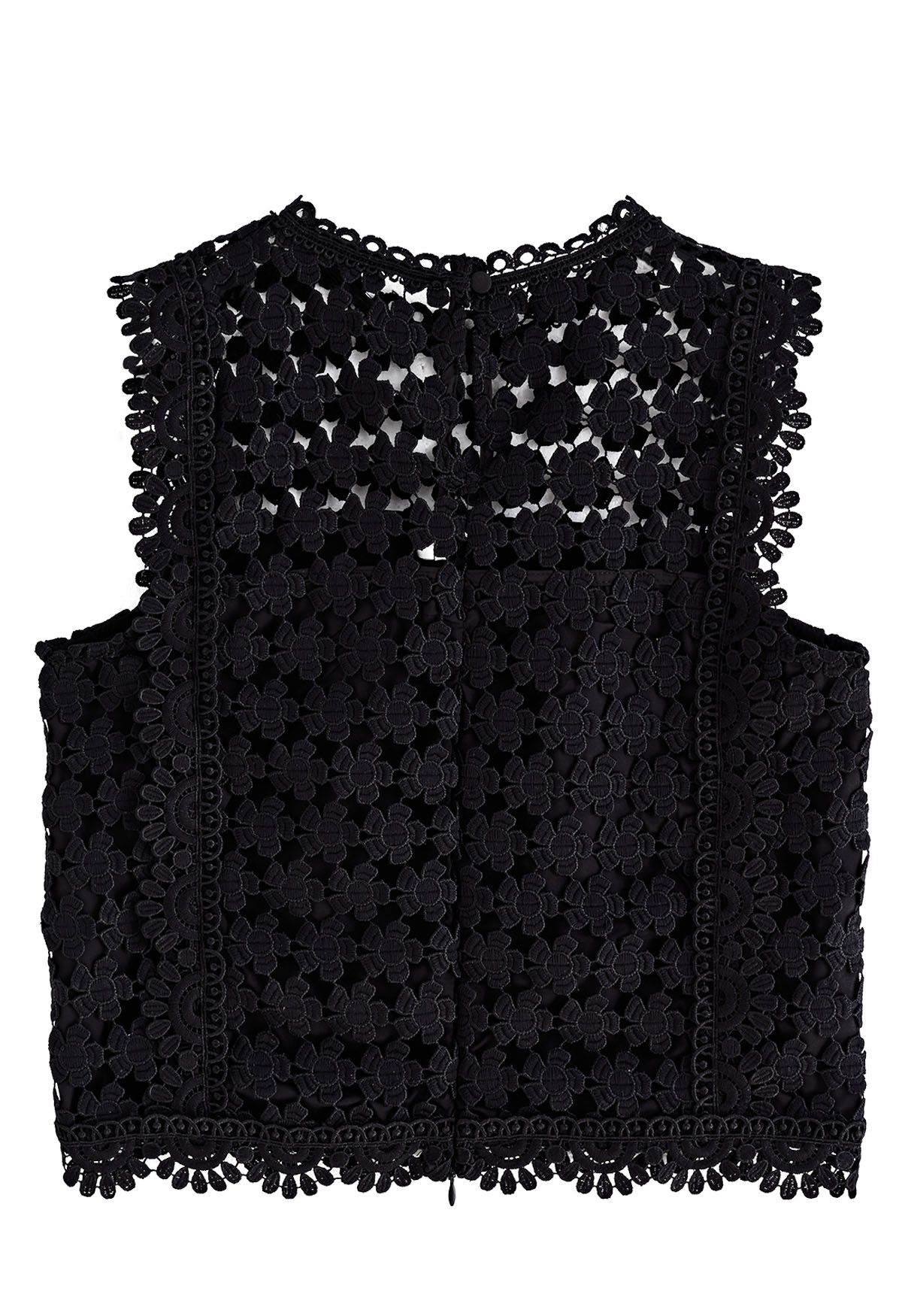 Scalloped Trim Allover Cutwork Lace Sleeveless Top in Black
