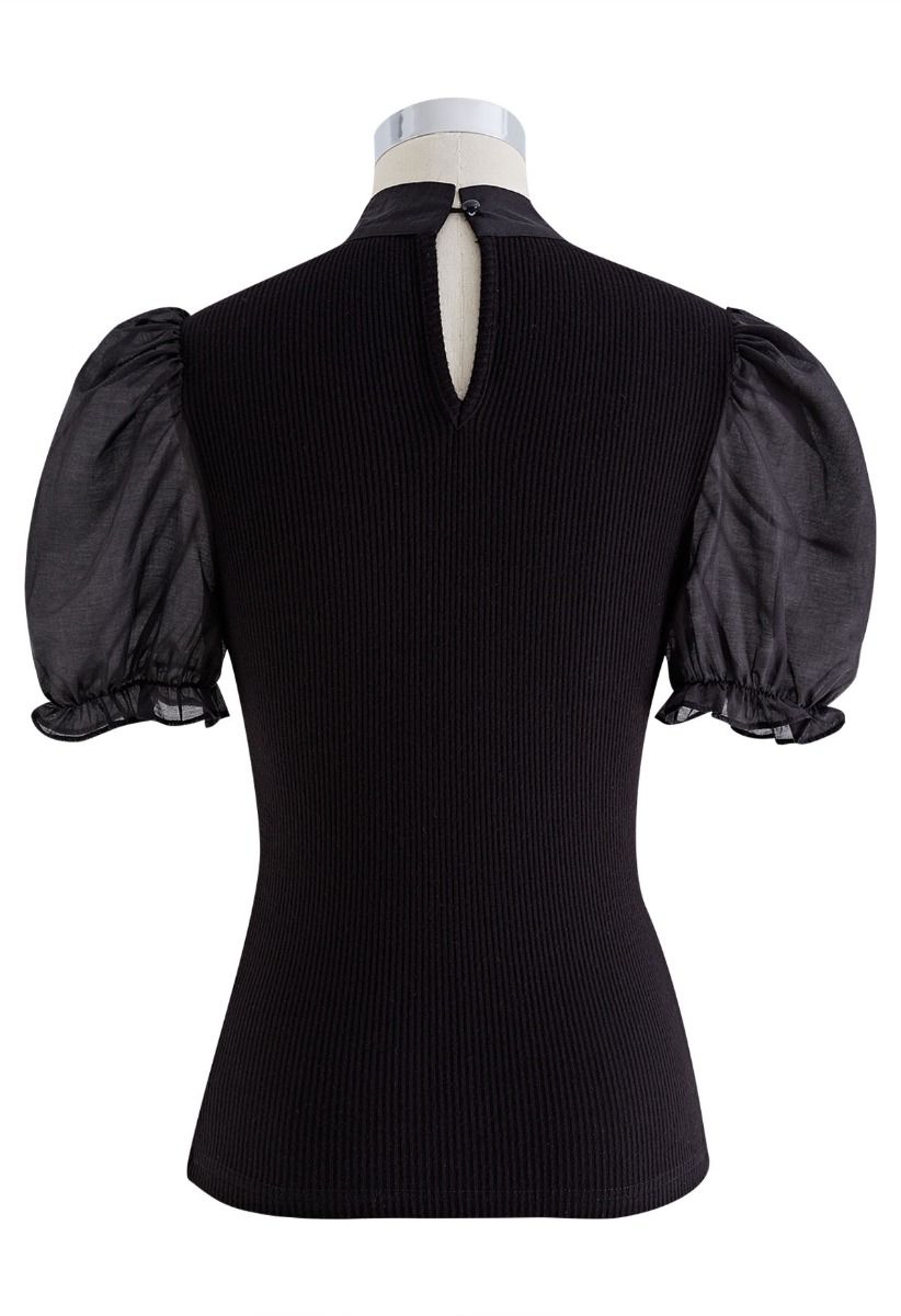 Short Sleeve Detachable Bowknot Spliced Knit Top in Black