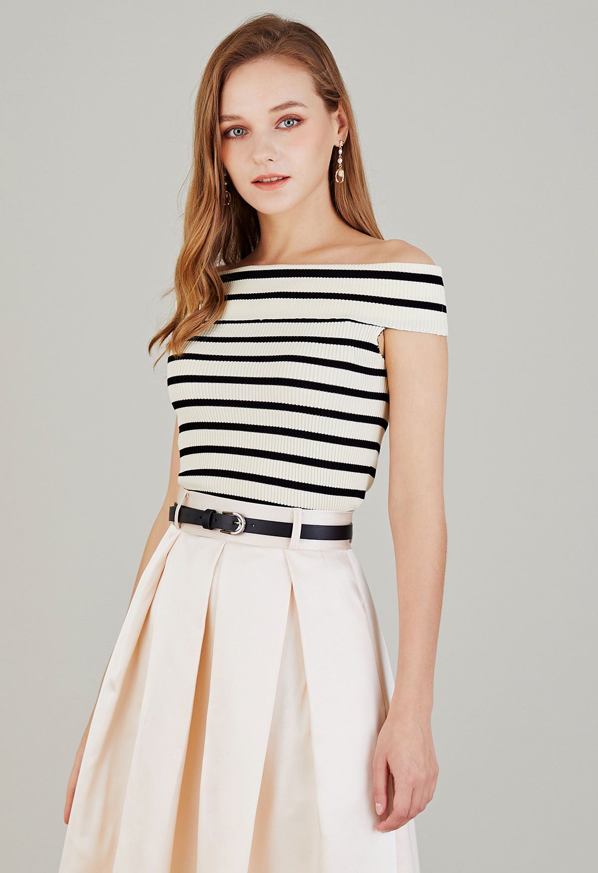 Folded Off-Shoulder Rib Knit Top in Black Stripe