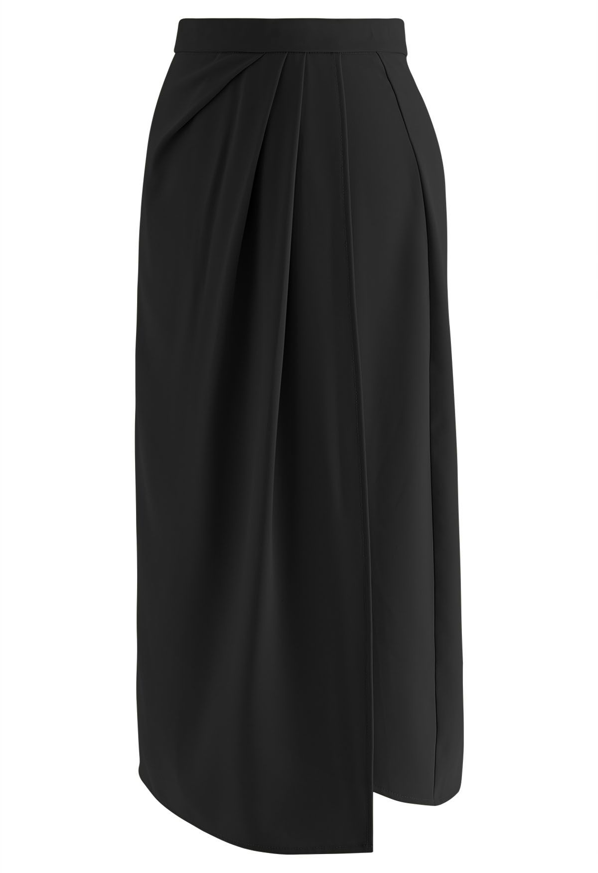 Side Pleated Flap Midi Skirt in Black