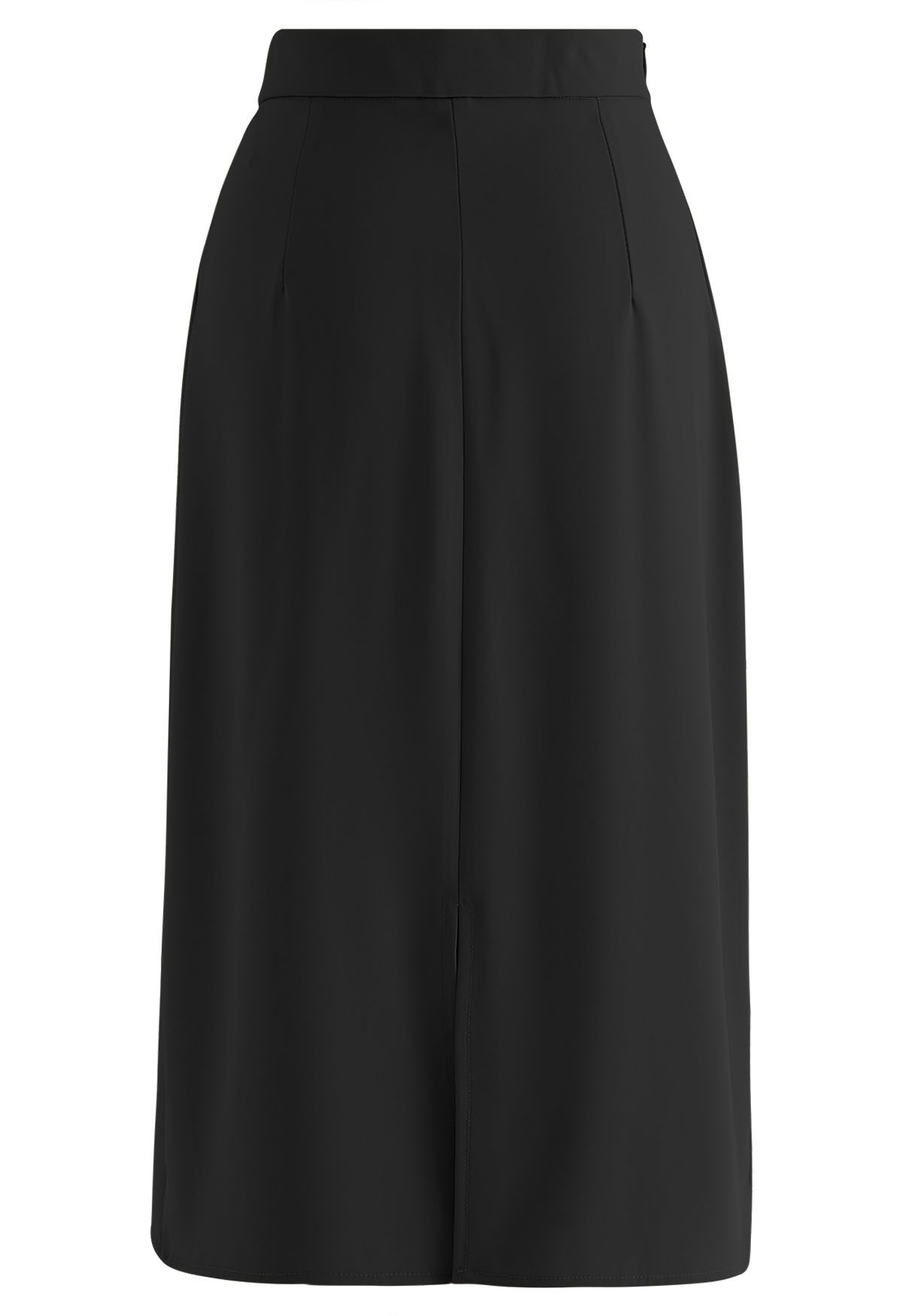 Side Pleated Flap Midi Skirt in Black