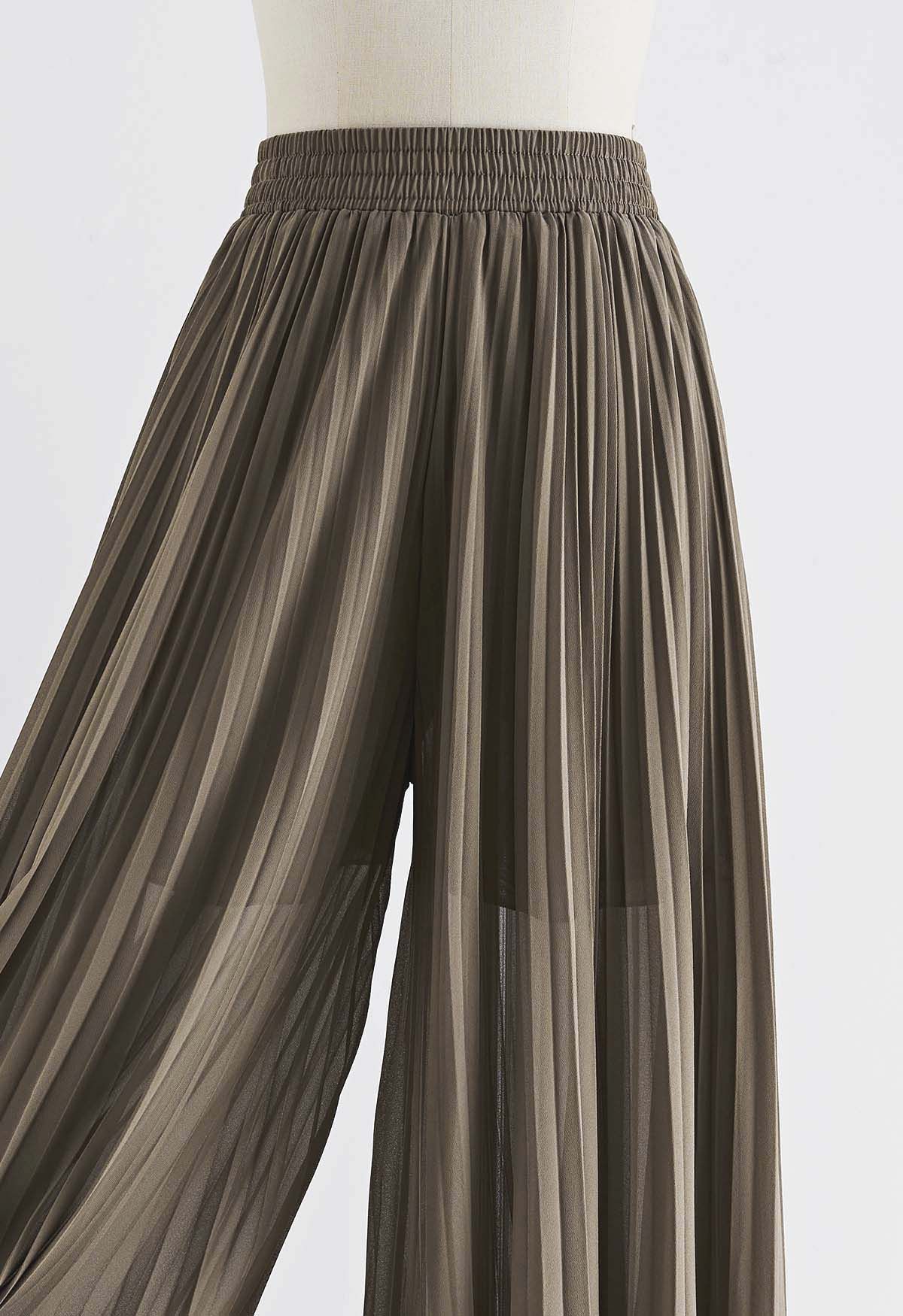 Full Pleats Wide Leg Pull-On Pants in Brown