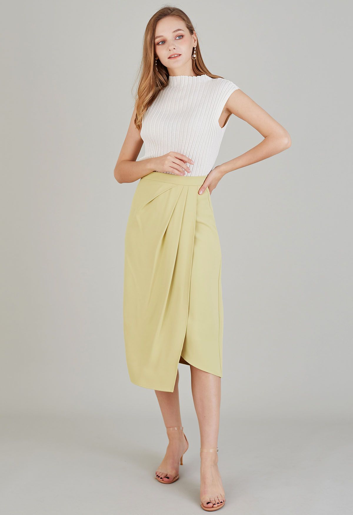 Side Pleated Flap Midi Skirt in Yellow