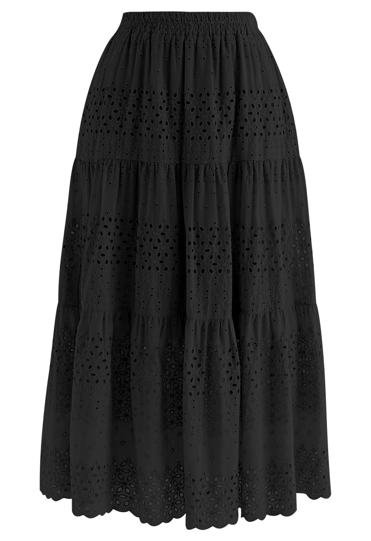 Floret Embroidered Eyelet Cotton Midi Skirt in Black