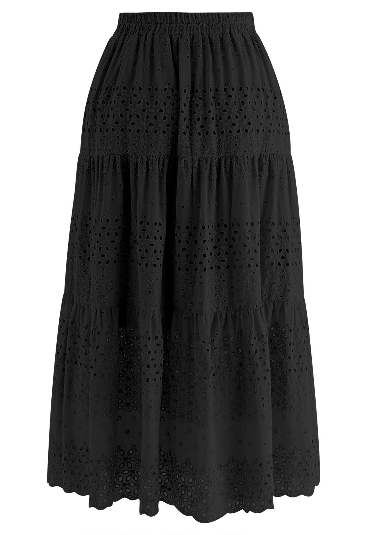 Floret Embroidered Eyelet Cotton Midi Skirt in Black