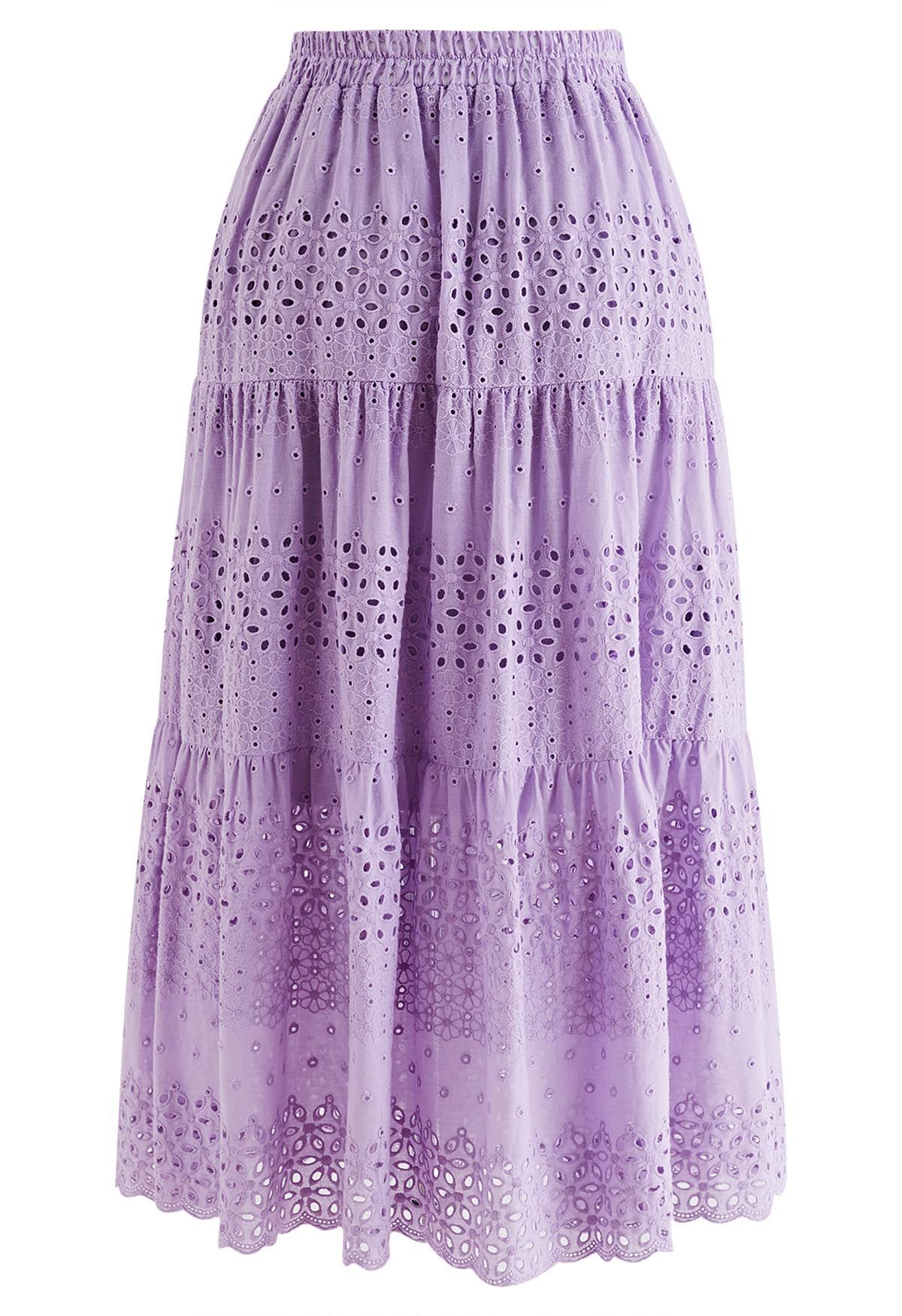 Floret Embroidered Eyelet Cotton Midi Skirt in Lilac
