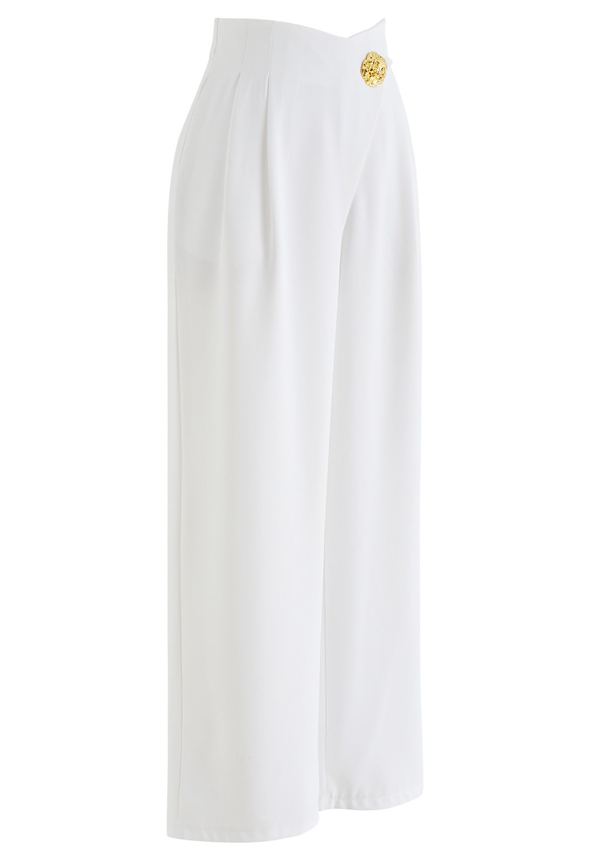 Golden Button Cross Waist Straight-Leg Pants in White