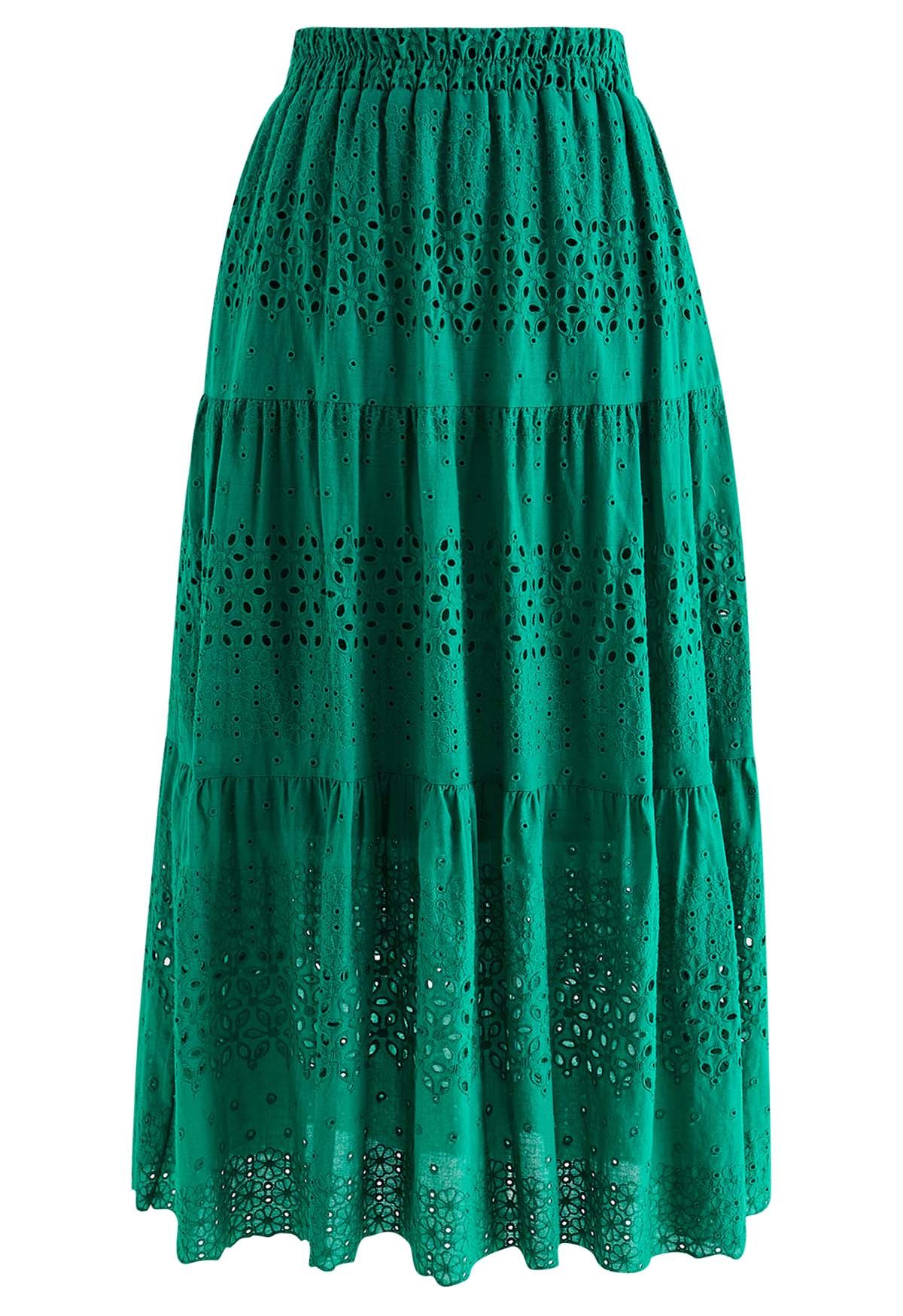 Floret Embroidered Eyelet Cotton Midi Skirt in Green