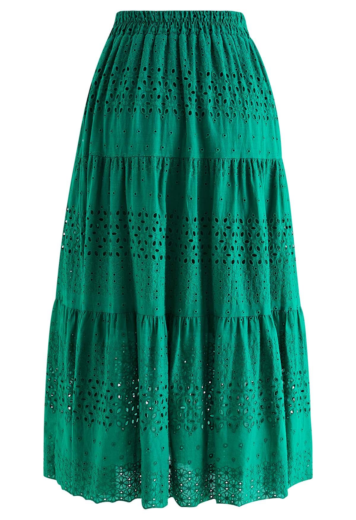 Floret Embroidered Eyelet Cotton Midi Skirt in Green