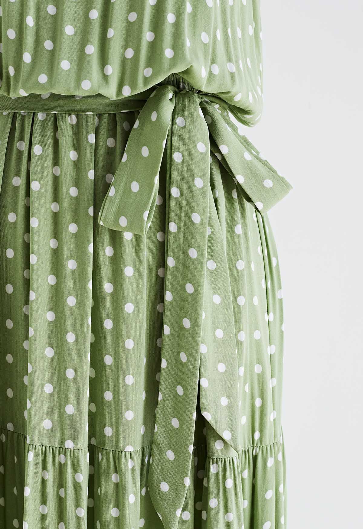 Halter Neck Tie Waist Maxi Dress in Green Dots