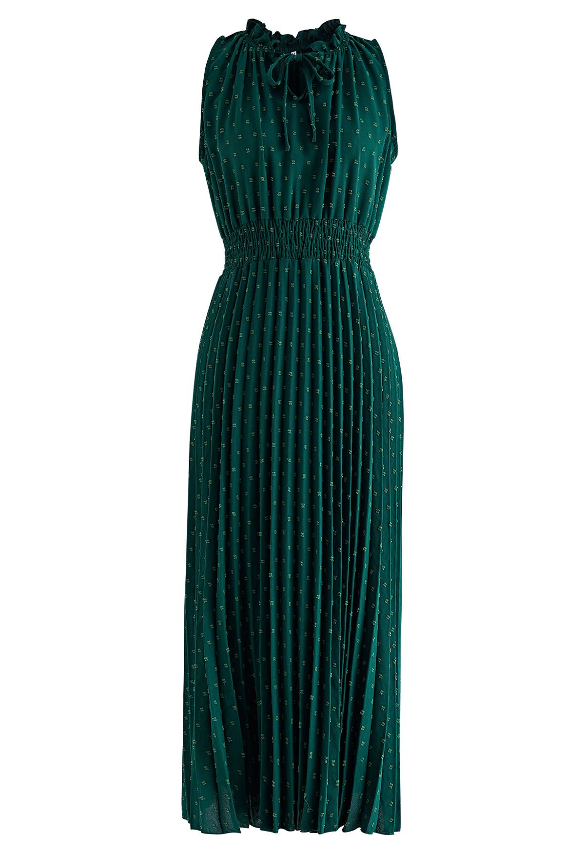 Tie-Neck Flock Dot Pleated Dress in Dark Green