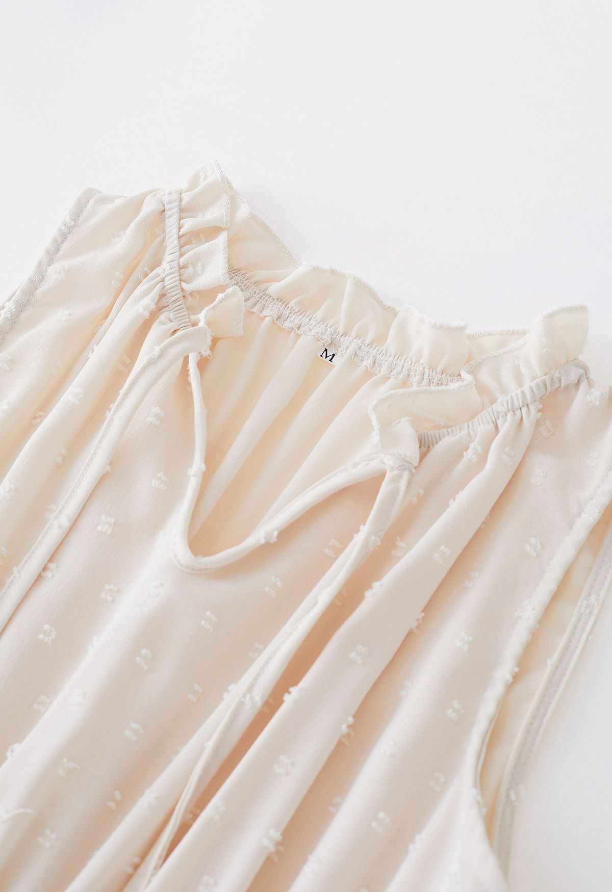Tie-Neck Flock Dot Pleated Dress in Cream