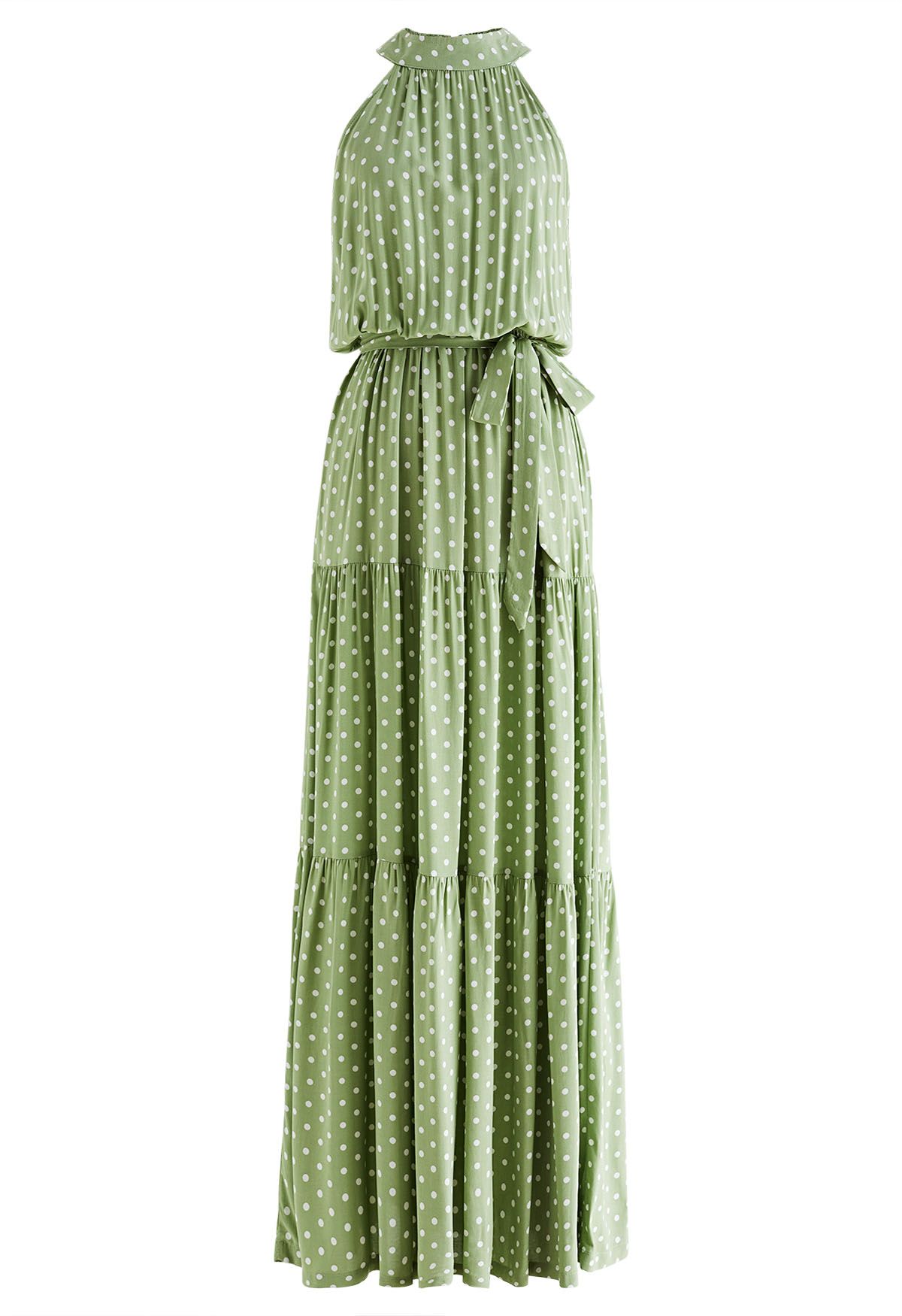 Halter Neck Tie Waist Maxi Dress in Green Dots