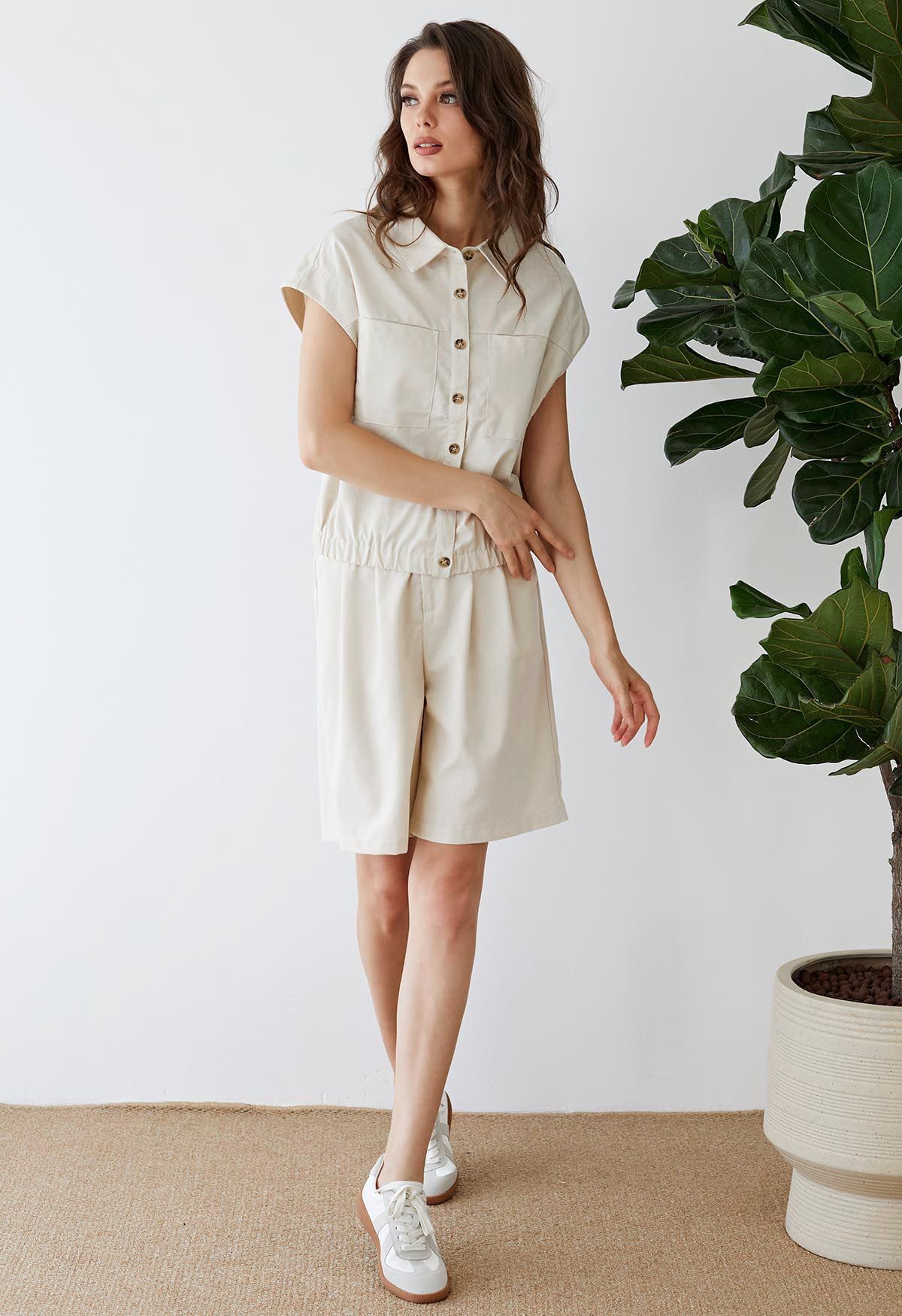 Sporty Collared Button Down Top and Shorts Set